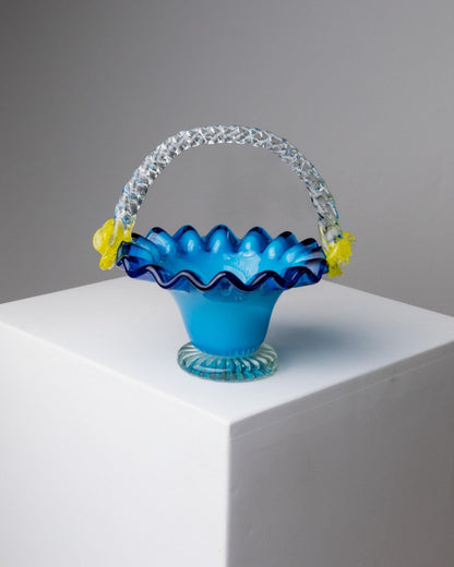 Vintage Glasschale mit Henkel von Murano, blau mit gelben Blumen, dekorativ, Italien 1970er