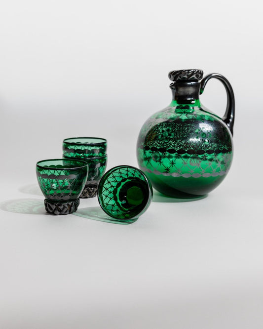 Vintage Likörset Murano von Murano für Glass-Art Italy, grün, handbemalt, 1930er