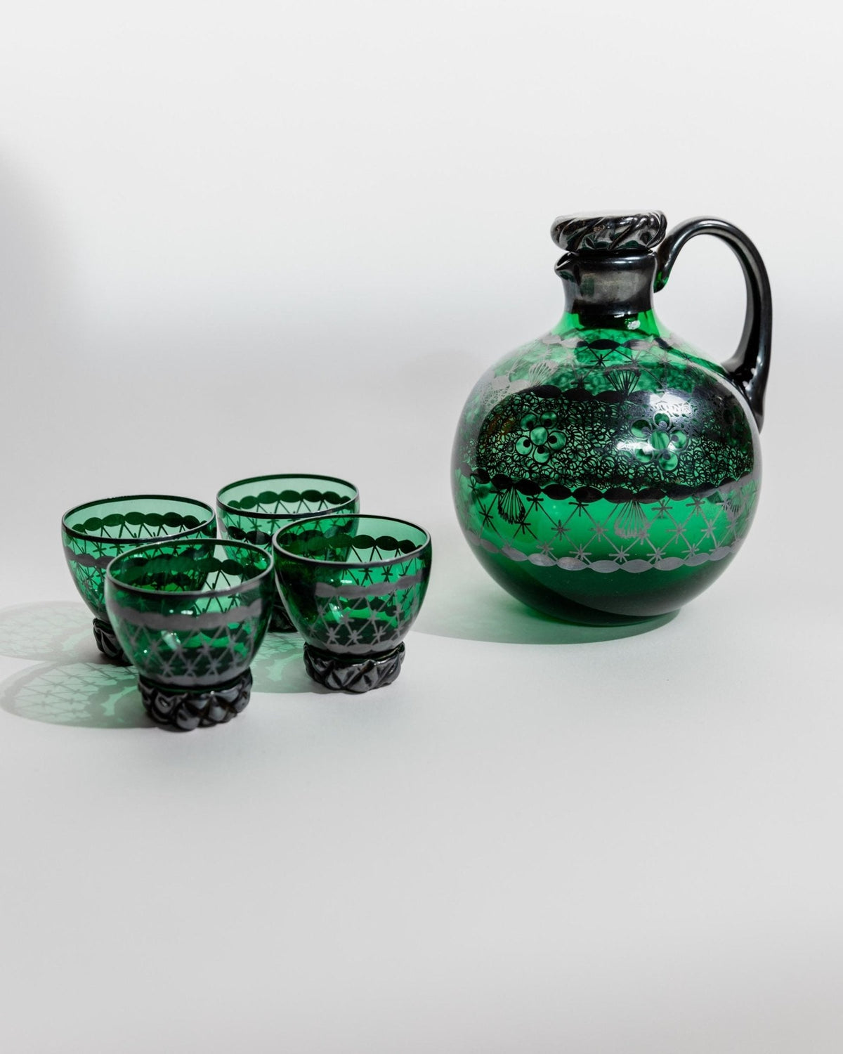 Vintage Likörset Murano von Murano für Glass-Art Italy, grün, handbemalt, 1930er