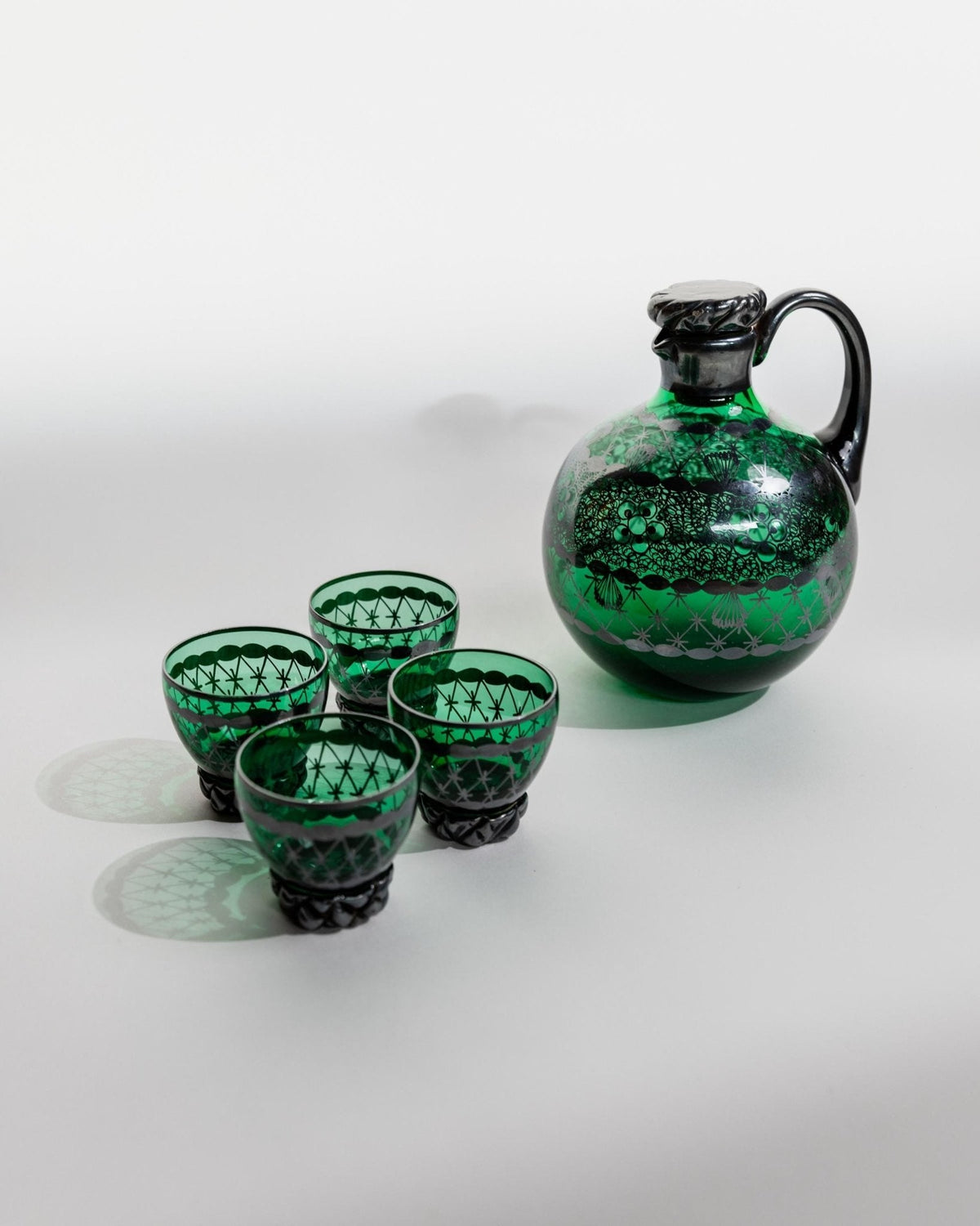 Vintage Likörset Murano von Murano für Glass-Art Italy, grün, handbemalt, 1930er