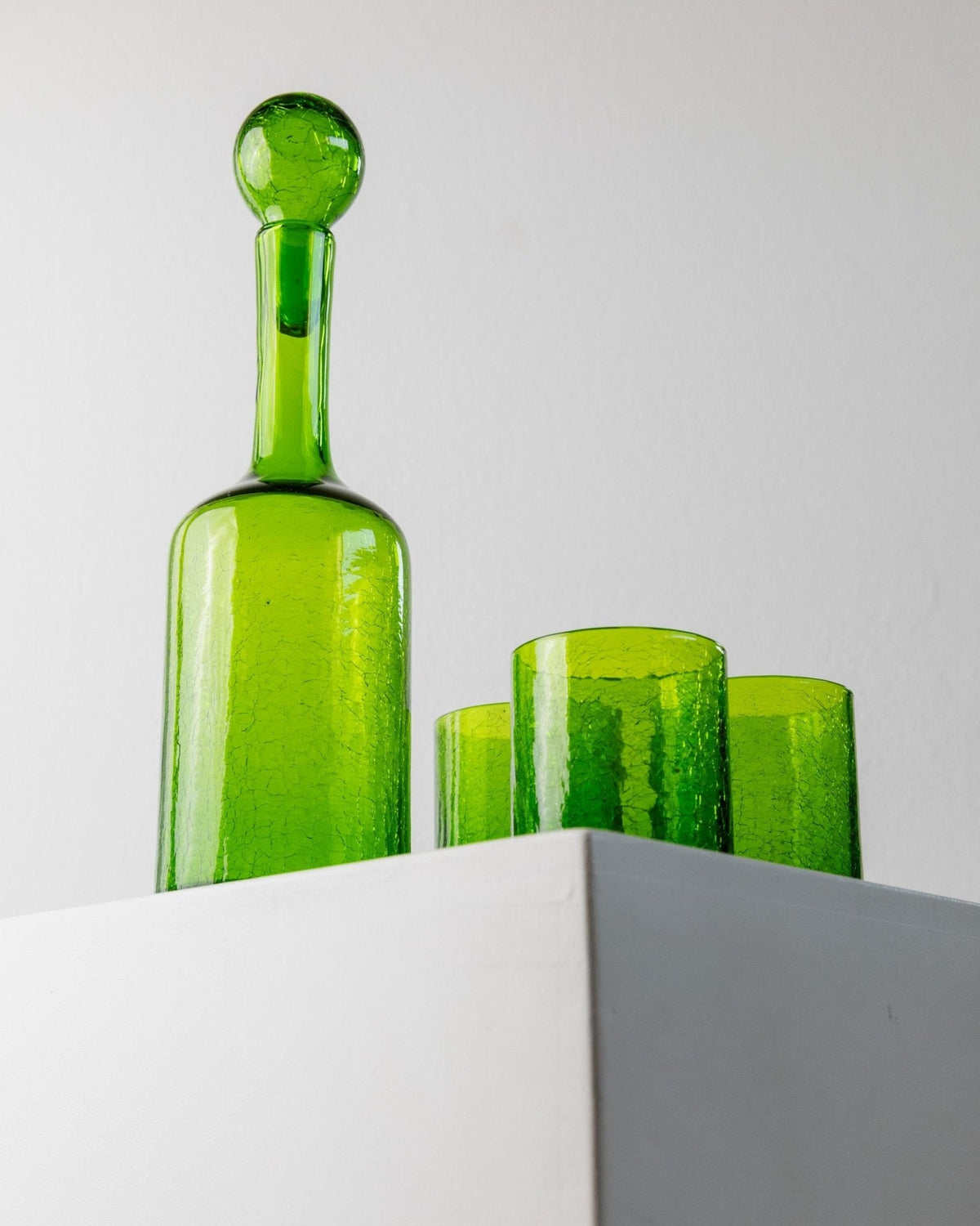 Vintage Glas Set von 3 Gläsern und Karaffe von Murano, grün, Crackle-Effekt, Italien 60er