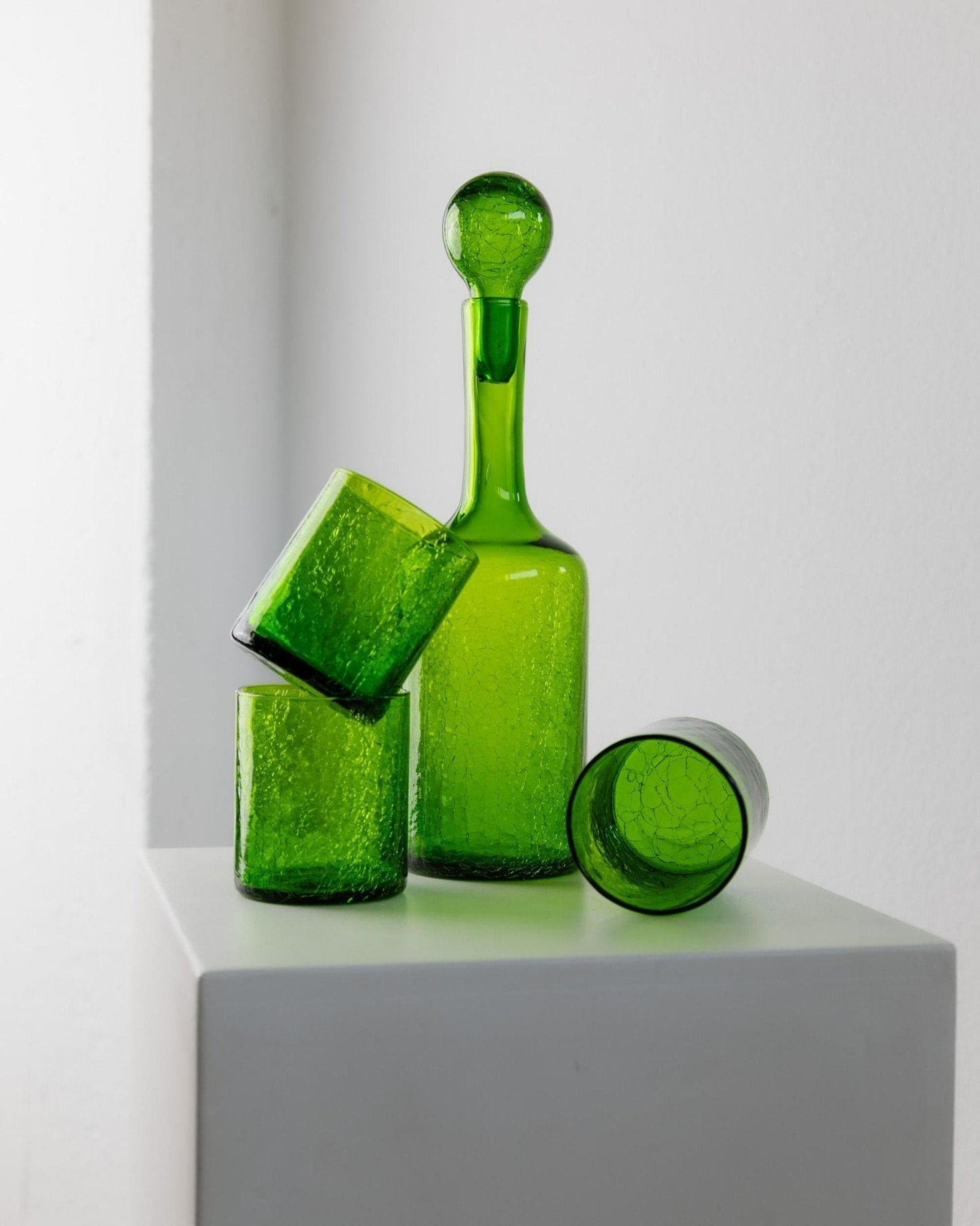 Vintage Murano Glass Carafe and Glass of 3 Green Crackle Effect Italy 60s