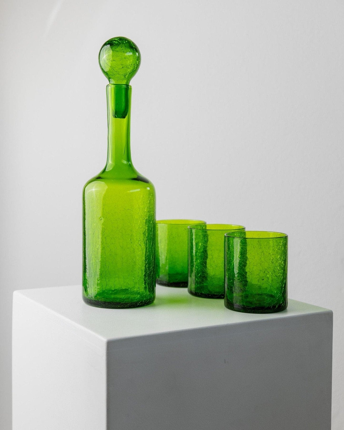 Vintage Murano Glass Carafe and Glass of 3 Green Crackle Effect Italy 60s