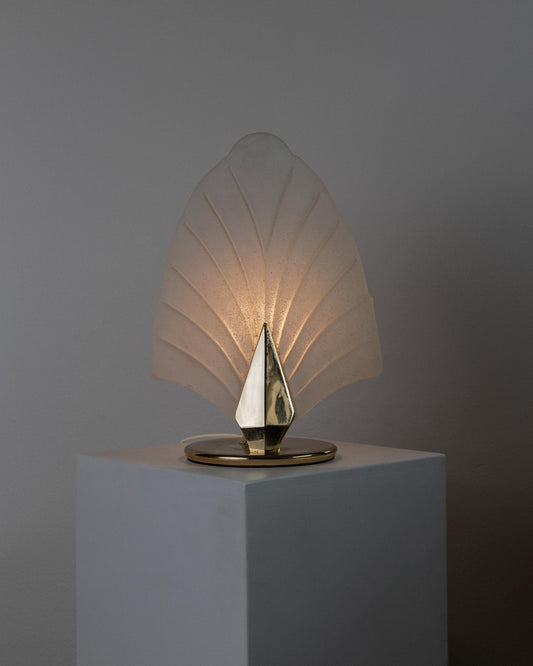 Vintage Tischlampe aus Murano Glas, Blattform, Gold, satiniert Weiß