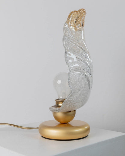 Lampe de table vintage en verre de Murano en forme de feuille avec base en métal doré, design italien des années 1980