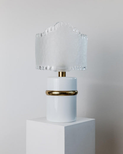 Vintage Murano Glas Tischlampe Weiß Gold Metallfuß 1980er Design