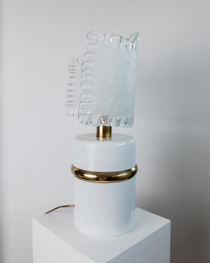 Vintage Murano Glas Tischlampe Weiß Gold Metallfuß 1980er Design