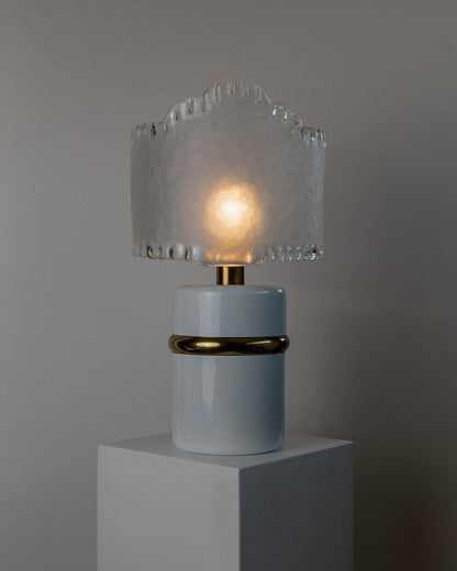 Vintage Murano Glas Tischlampe Weiß Gold Metallfuß 1980er Design