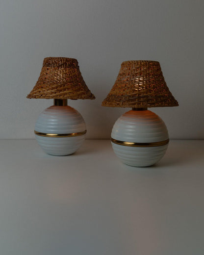 Vintage Tischlampe Metall Rattan Schirm Gold Details Hollywood Regency Italien 1980er Paar