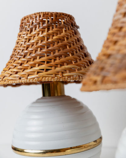 Vintage Tischlampe Metall Rattan Schirm Gold Details Hollywood Regency Italien 1980er Paar