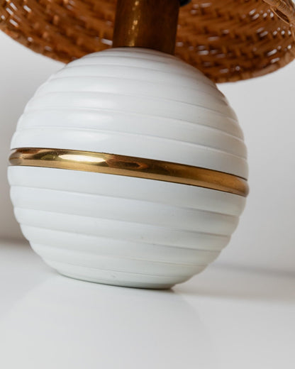 Vintage Tischlampe Metall Rattan Schirm Gold Details Hollywood Regency Italien 1980er Paar