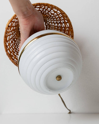 Vintage Tischlampe Metall Rattan Schirm Gold Details Hollywood Regency Italien 1980er Paar