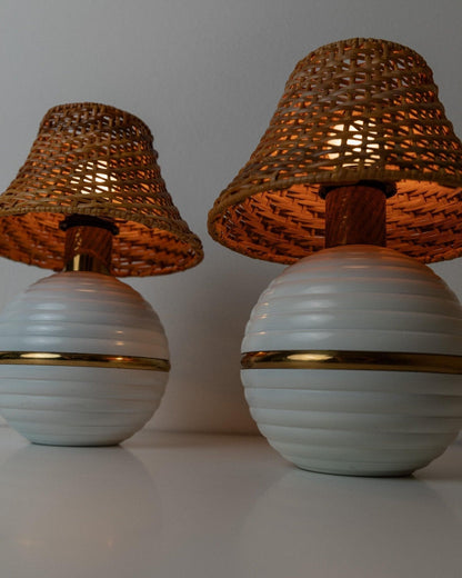 Vintage Tischlampe Metall Rattan Schirm Gold Details Hollywood Regency Italien 1980er Paar