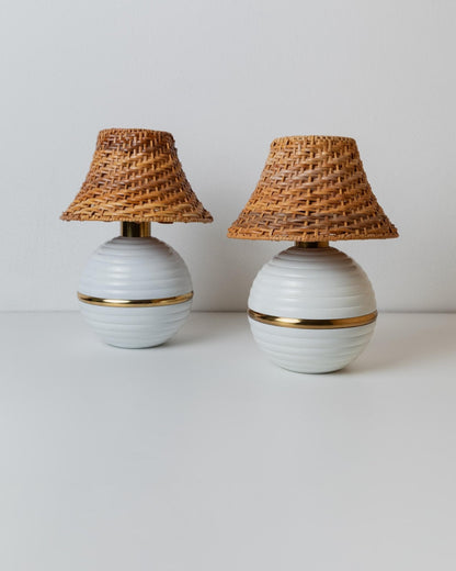 Vintage Tischlampe Metall Rattan Schirm Gold Details Hollywood Regency Italien 1980er Paar