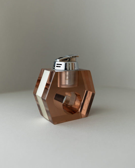 Vintage Tischfeuerzeug Plexiglas von Astrolite, orange-apricot, Space Age, Silberrahmen