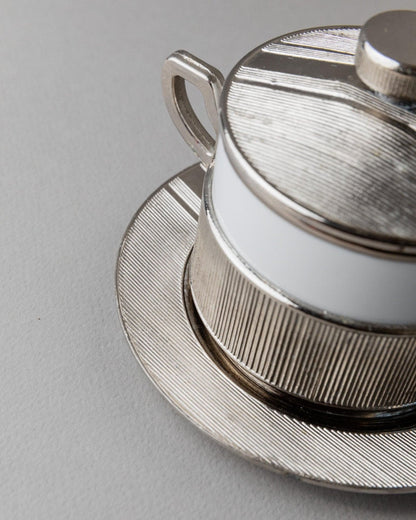 Vintage porcelain bowl with lid silver-plated Monopoli Italy 50s