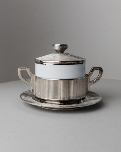 Vintage porcelain bowl with lid silver-plated Monopoli Italy 50s