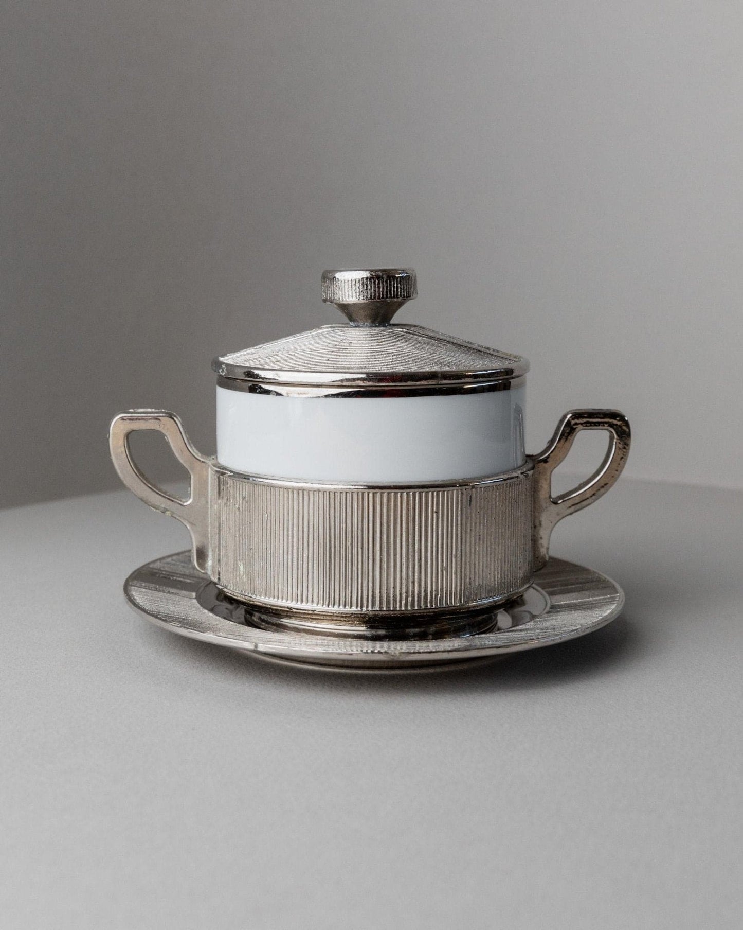 Vintage porcelain bowl with lid silver-plated Monopoli Italy 50s