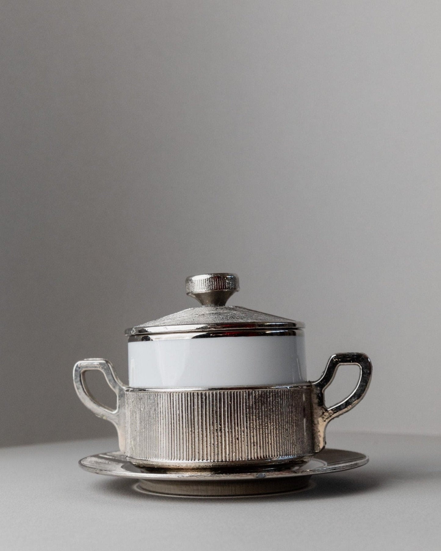 Vintage porcelain bowl with lid silver-plated Monopoli Italy 50s