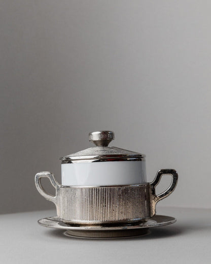 Vintage porcelain bowl with lid silver-plated Monopoli Italy 50s