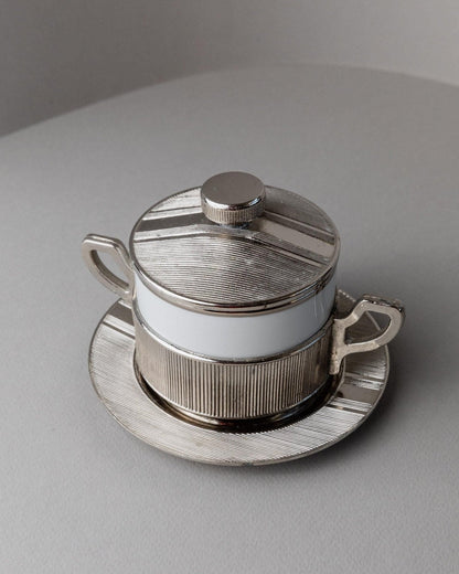 Vintage porcelain bowl with lid silver-plated Monopoli Italy 50s