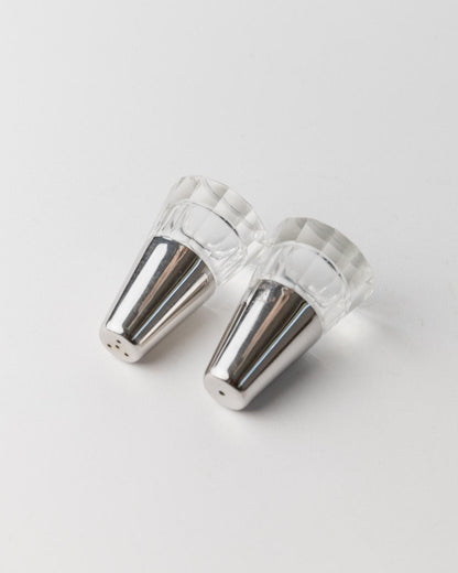 Vintage salt and pepper shakers silver-glass conical minimal Italy 1950s