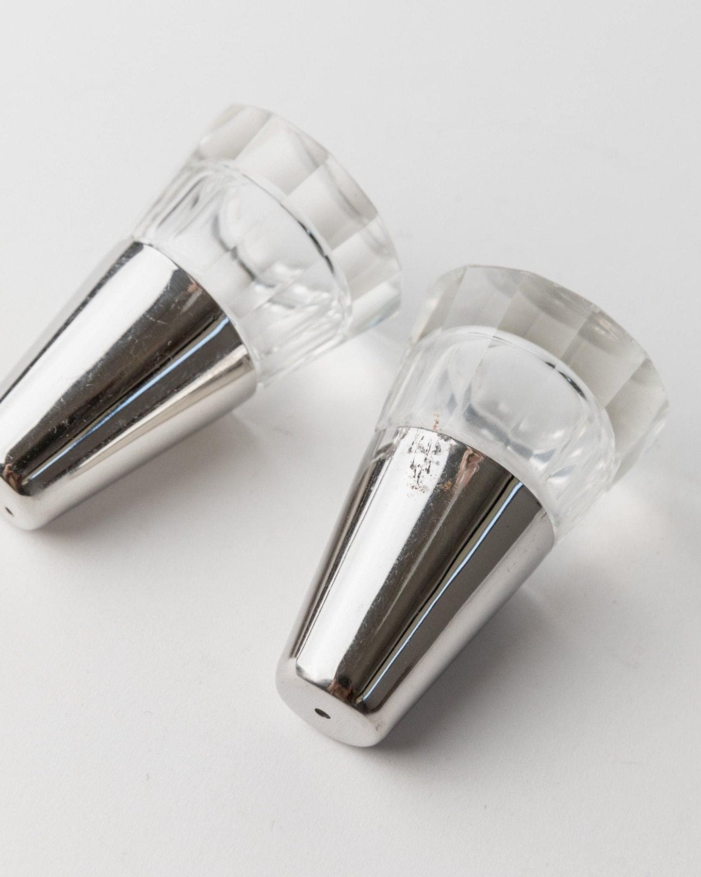 Vintage salt and pepper shakers silver-glass conical minimal Italy 1950s