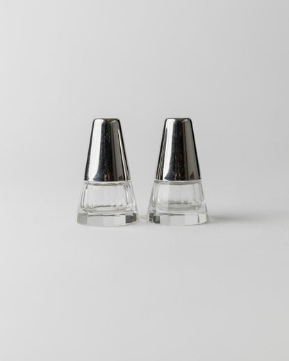 Vintage salt and pepper shakers silver-glass conical minimal Italy 1950s
