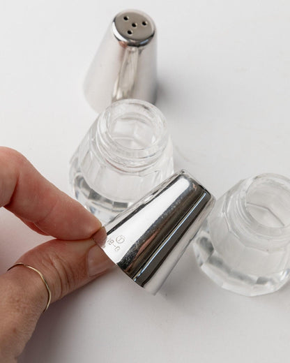 Vintage salt and pepper shakers silver-glass conical minimal Italy 1950s