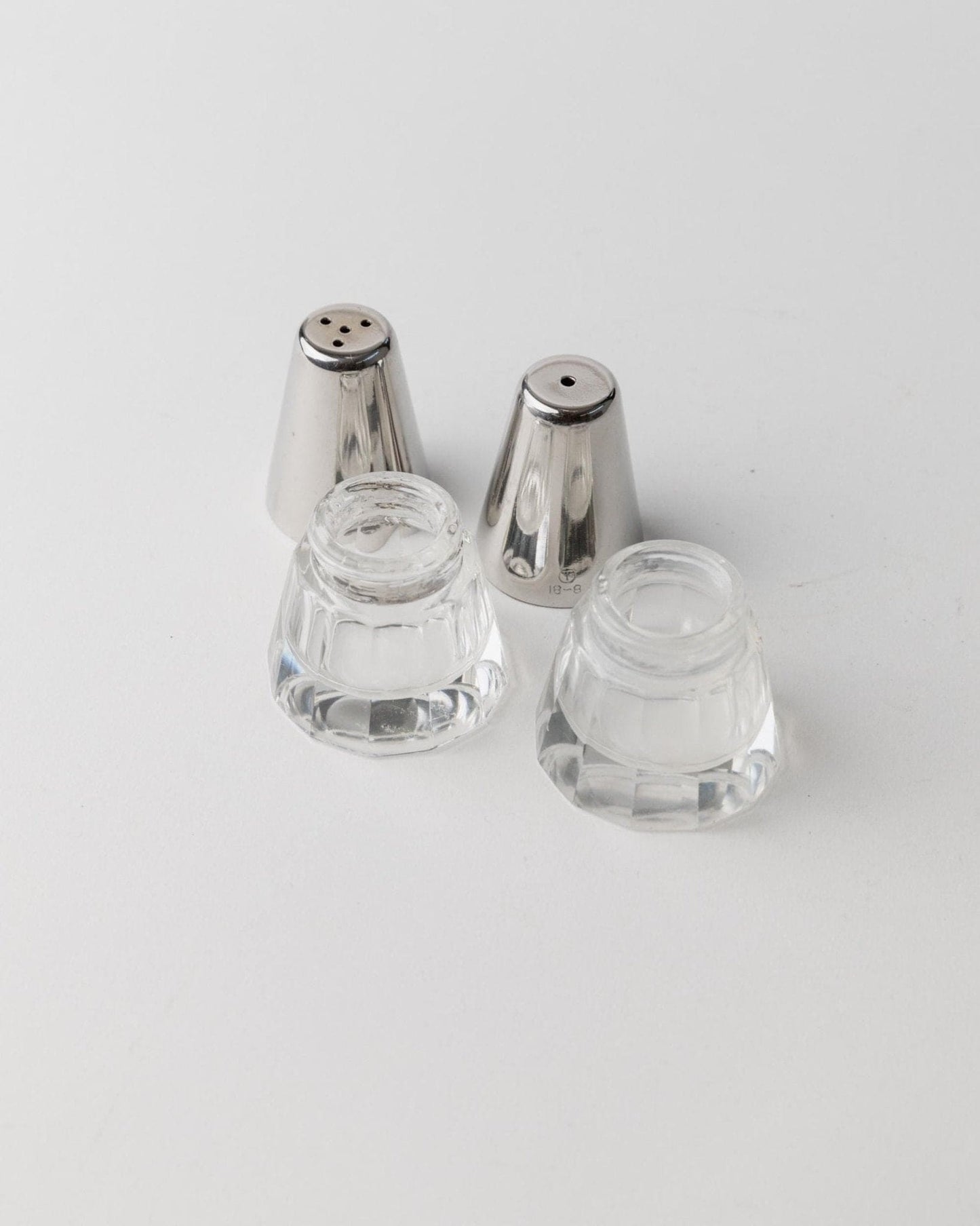 Vintage salt and pepper shakers silver-glass conical minimal Italy 1950s