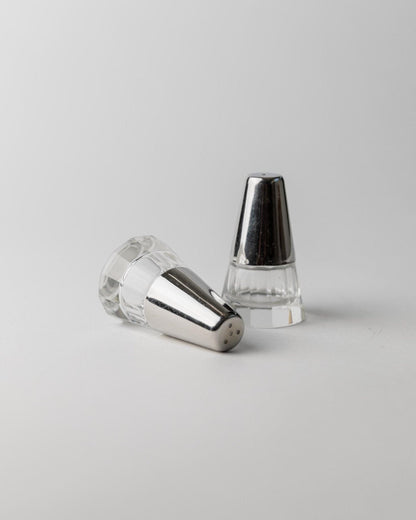 Vintage salt and pepper shakers silver-glass conical minimal Italy 1950s