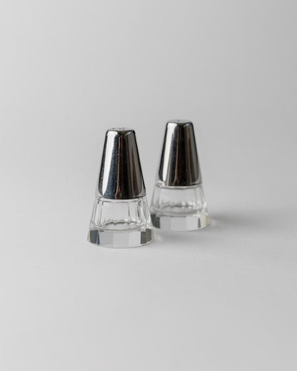 Vintage salt and pepper shakers silver-glass conical minimal Italy 1950s