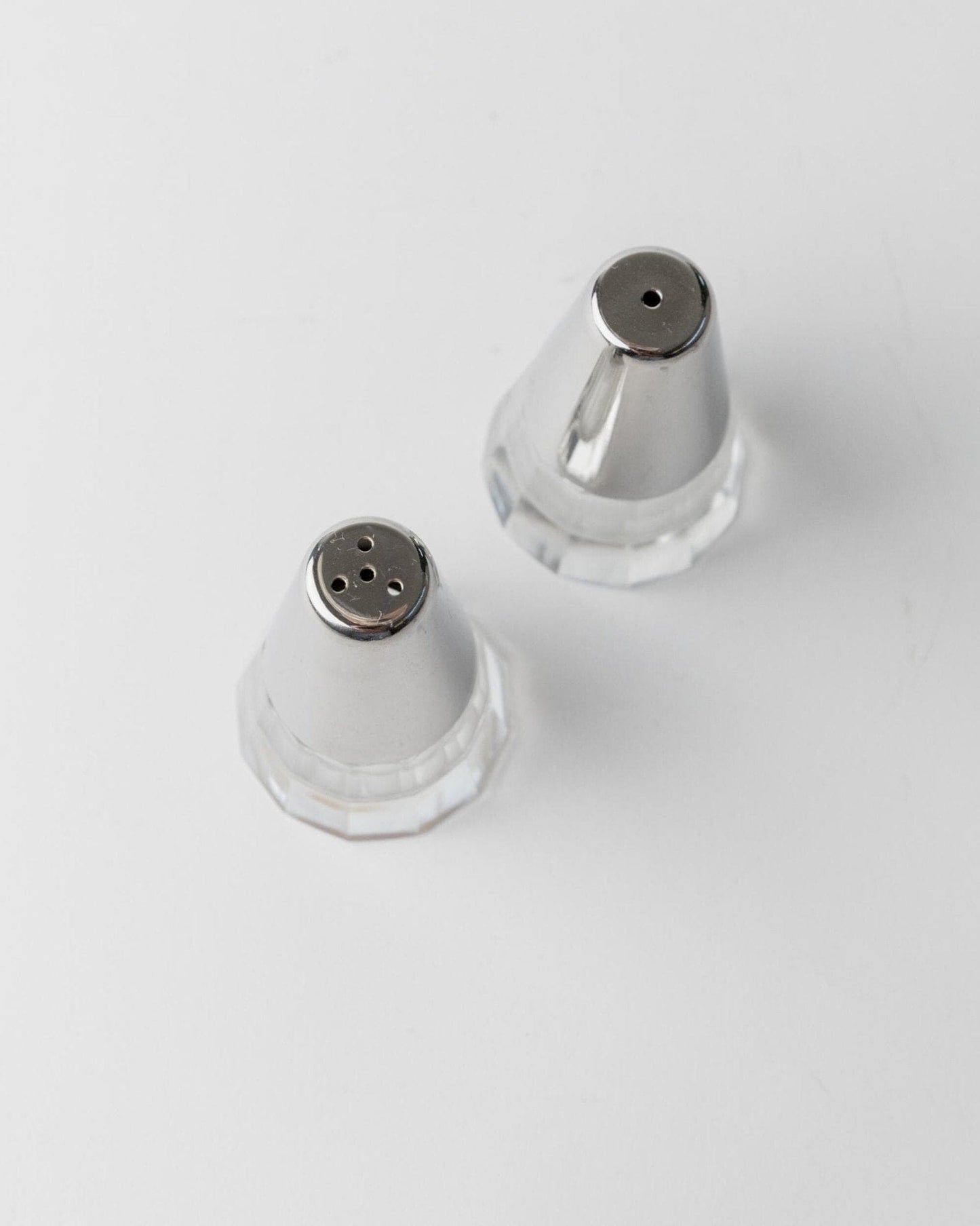 Vintage salt and pepper shakers silver-glass conical minimal Italy 1950s