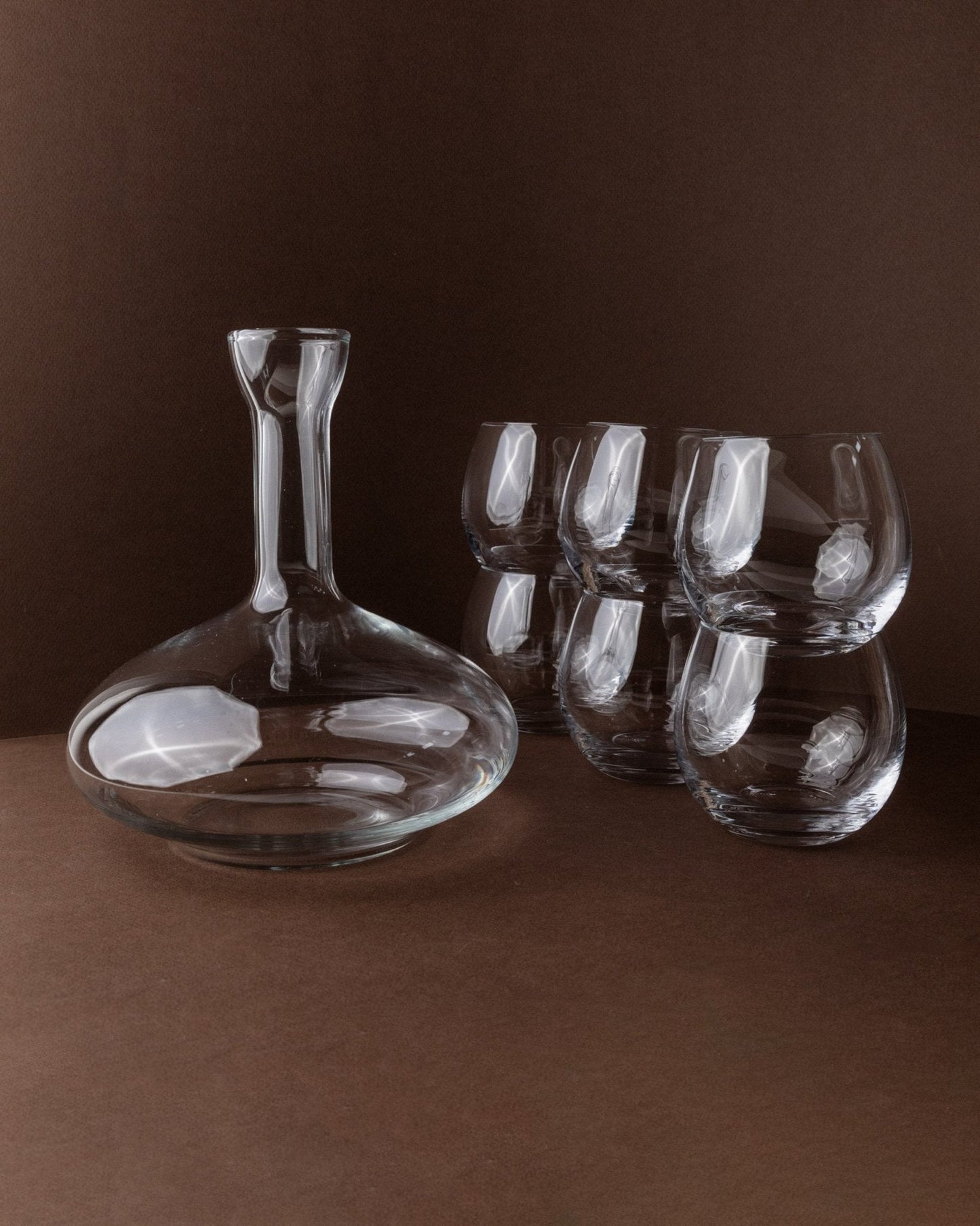 Vintage Trinkglas Set von 6 und Karaffe, klar, zeitloses Design, Italien 80er