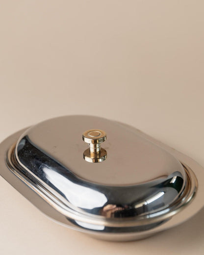 Beurrier vintage en acier inoxydable avec couvercle et détails dorés, Italie années 1970