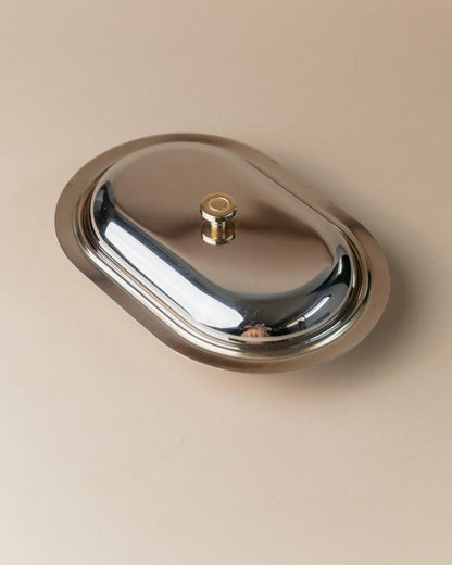 Beurrier vintage en acier inoxydable avec couvercle et détails dorés, Italie années 1970