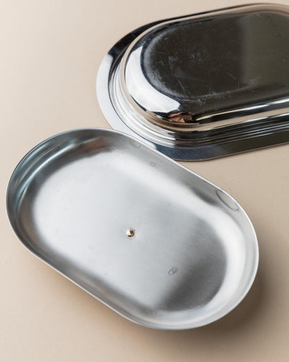 Beurrier vintage en acier inoxydable avec couvercle et détails dorés, Italie années 1970