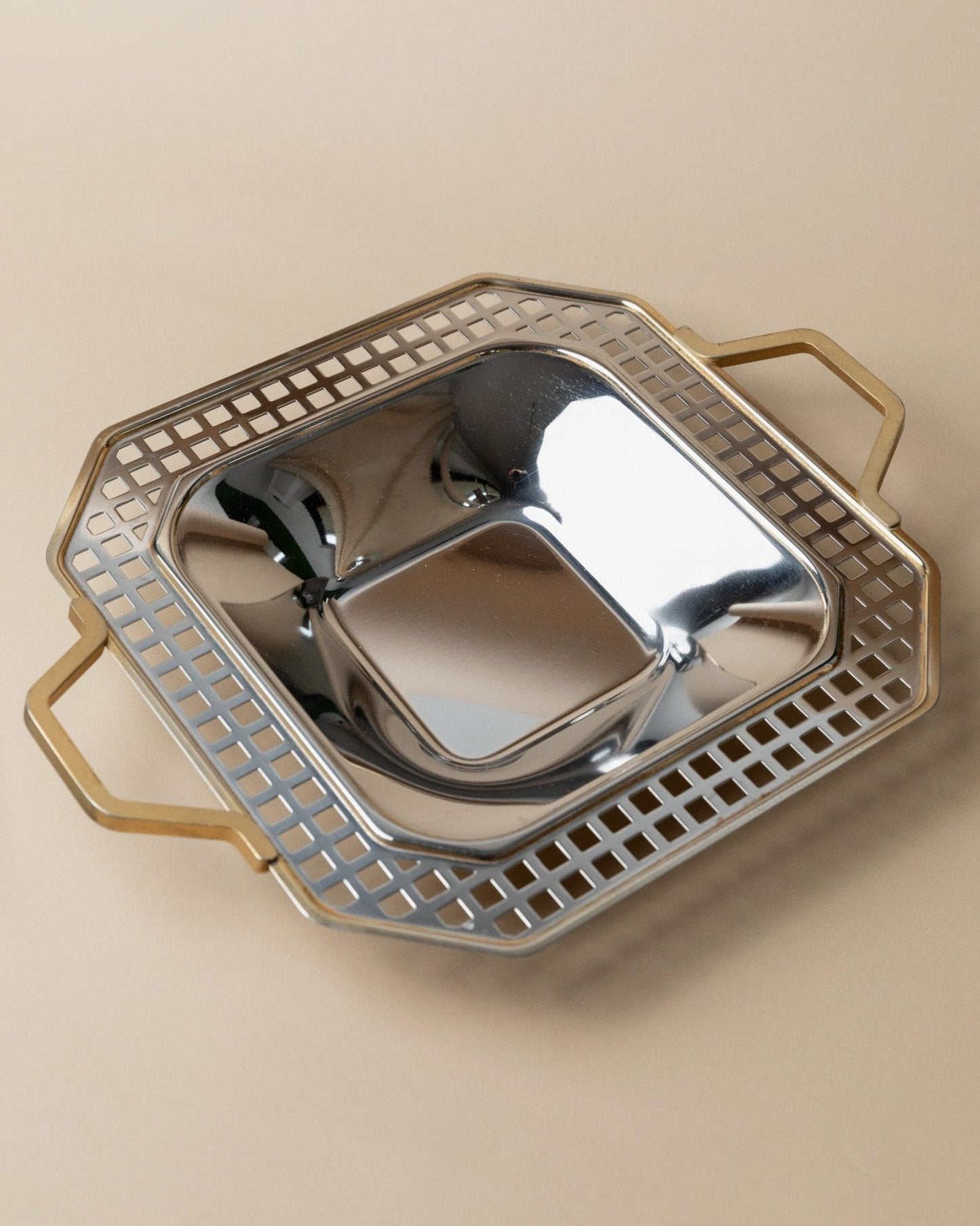 Vintage tray stainless steel by Inoxpran Orchidea gold rim design Italy 80s