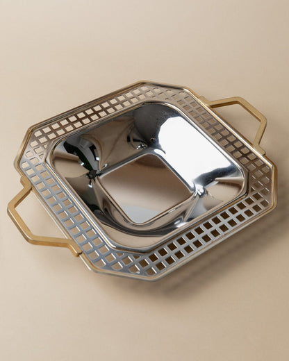 Vintage tray stainless steel by Inoxpran Orchidea gold rim design Italy 80s