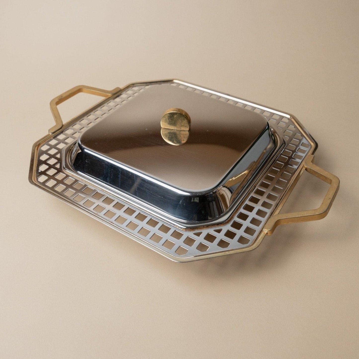 Vintage tray stainless steel by Inoxpran Orchidea gold rim design Italy 80s