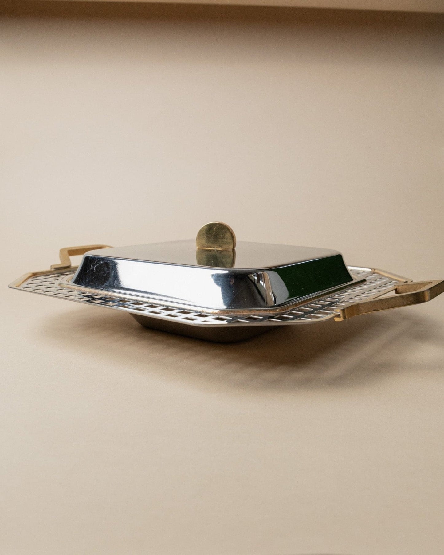 Vintage tray stainless steel by Inoxpran Orchidea gold rim design Italy 80s