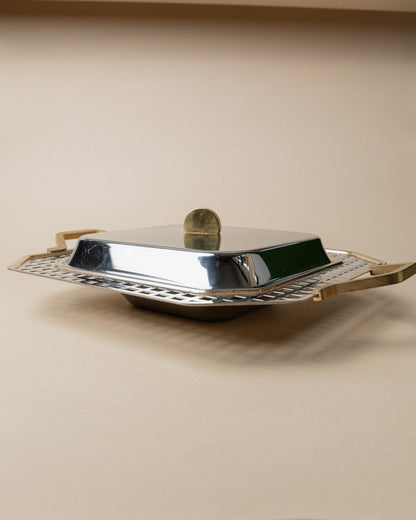 Vintage tray stainless steel by Inoxpran Orchidea gold rim design Italy 80s