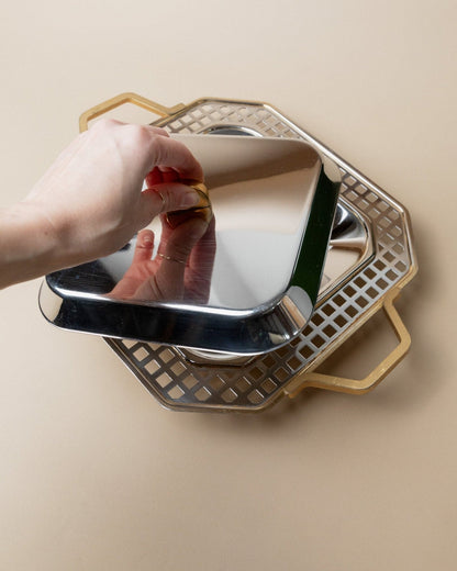 Vintage tray stainless steel by Inoxpran Orchidea gold rim design Italy 80s