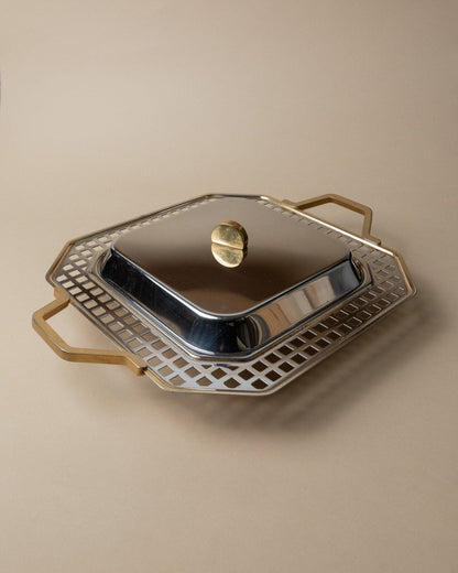 Vintage tray stainless steel by Inoxpran Orchidea gold rim design Italy 80s