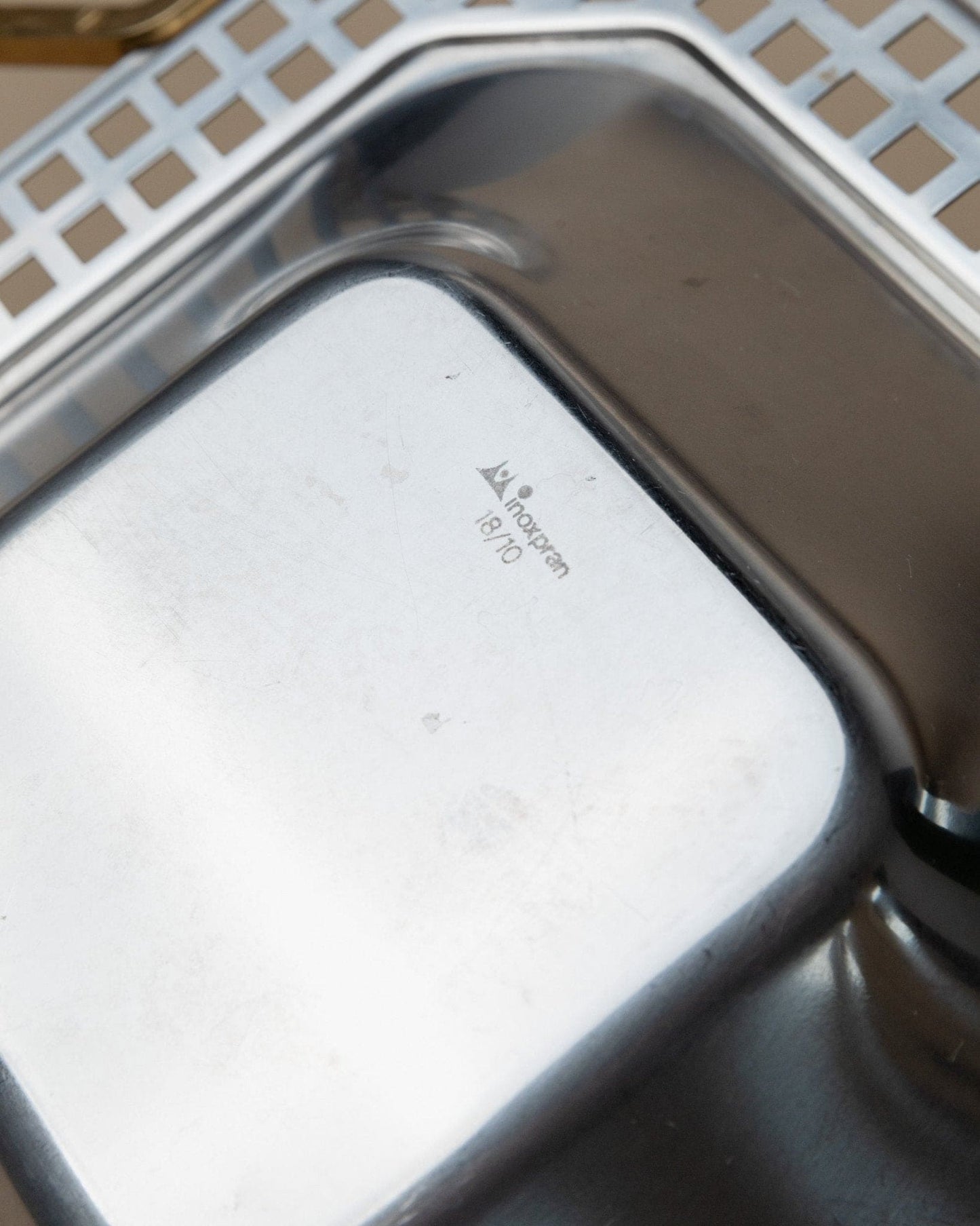 Vintage tray stainless steel by Inoxpran Orchidea gold rim design Italy 80s