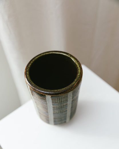 Vase vintage en céramique de studio en relief marron beige design du milieu du siècle années 1960