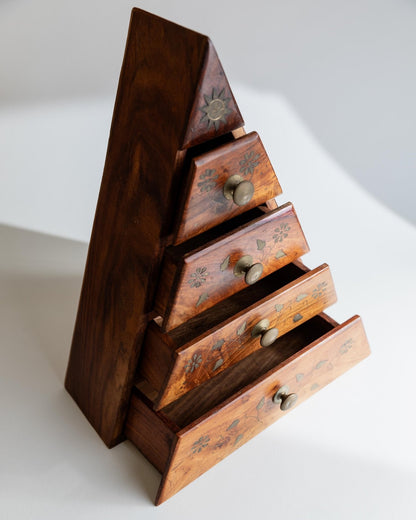 Vintage Schmuckschatulle Pyramide mit Messingintarsien, 4 Schubladen, Italien 1970er