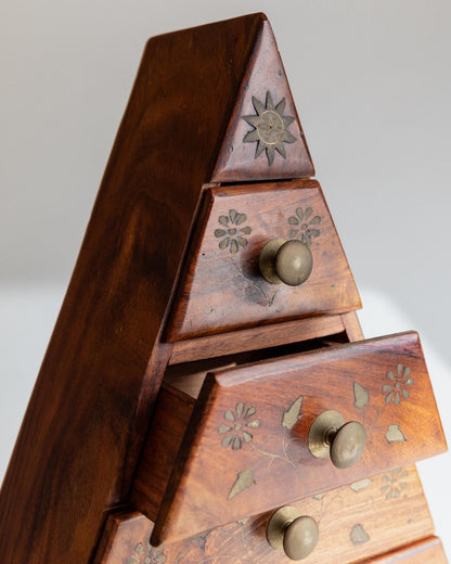 Vintage Schmuckschatulle Pyramide mit Messingintarsien, 4 Schubladen, Italien 1970er