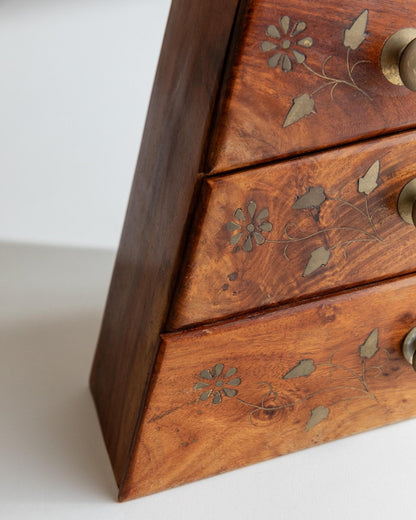 Vintage Schmuckschatulle Pyramide mit Messingintarsien, 4 Schubladen, Italien 1970er