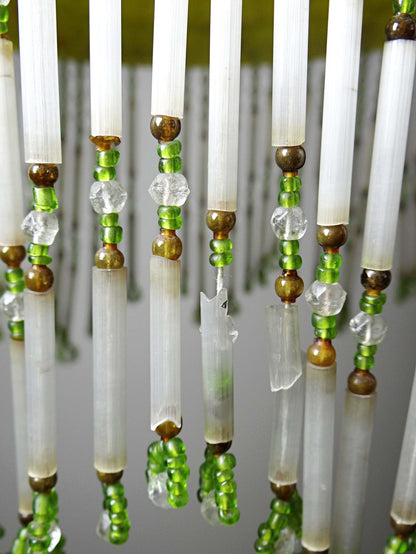 Vintage Lampenschirm Art Déco Glas marmoriert gelb mit Perlenfranse